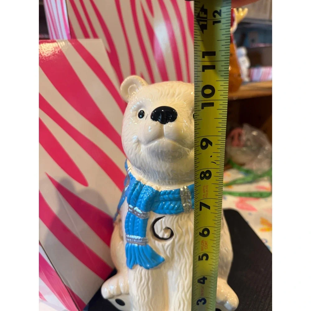Pink Zebra Retired Polar Bear Ceramic Candle Luminary White Blue Scarf